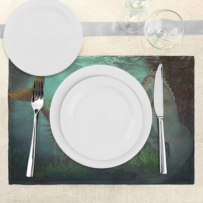 Ambesonne Mermaid Place Mats Set of 4, Mermaid Meets Seahorse Underwater World Fantasy Design, Washable Fabric Placemats for Dining Table, Standard Size, Green Aqua