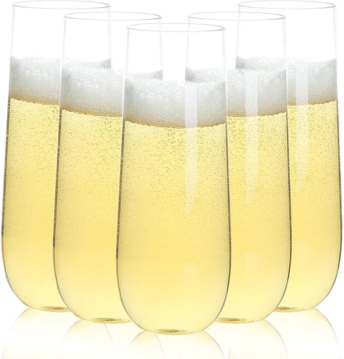 48 Pack 9 oz Stemless Plastic Champagne Flutes, Clear Disposable Champagne Toasting Glasses, Shatterproof and BPA-Free Drinkware for Party & Graduation & Wedding