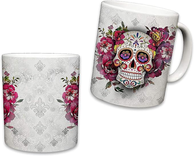 Sweet Gisele Sugar Skull Ceramic Mug, Floral Print Coffee Cup, Day of the Dead Design, Beautiful Vivid Colors, Great Novelty Gifts 11 Fl Oz White