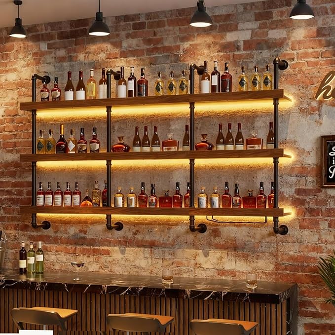 62.9in Large Wine Rack with LED Light Solid Wood Wall Mounted Wine Rack, 3-Tiers Liquor Bottles Floating Shelves Display Storage Organizer for Home Bar & Dining Room (160cm/62.9in)