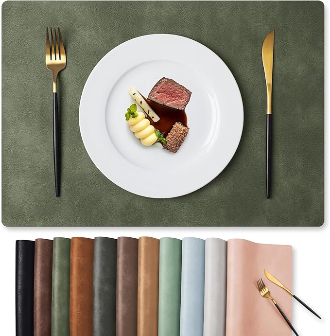 MOSAYT Vinyl Placemats Set of 6-12 X 17 Inch - Faux Leather 100% Waterproof Oil-Proof Wipeable PU Place Mats, Heat Resistant Reversible Table Mats for Kitchen, Dining, Outdoor (Olive Green)