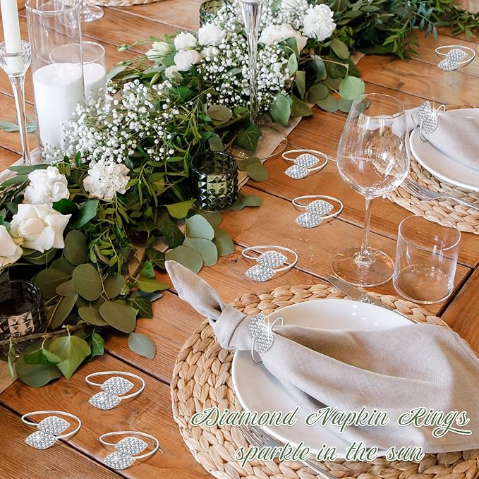 Hotop 150 Pcs Silver Holiday Napkin Rings Set Silver Bling Winter Napkin Rings Bulk Metal Leaves Holders Rhinestone Buckle for Wedding Christmas Dinner Gather Party Prom Table Decoration
