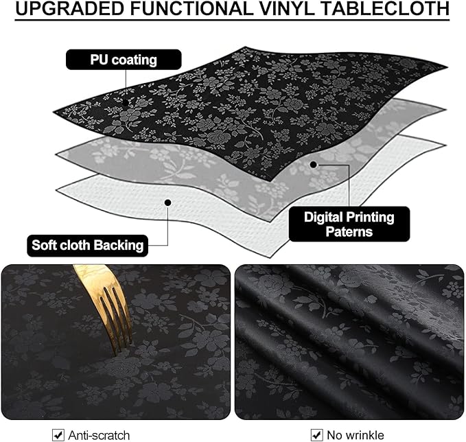 Smiry Rectangle Table Cloth, Waterproof Heavy Duty Vinyl Tablecloths, Wipeable Washable Table Cover for Kitchen and Dining Room (Black, 70" X 90")