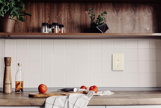 Henne Bery Modern Edge Decorative Wall Plate Switch Plate Outlet Cover, Durable Solid Zinc Alloy (Single Decorator 2PK, Light Almond)