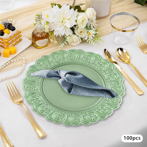 100 Pcs Antique Charger Plates Bulk, 13in Reusable Serving Plates Embossed Rim Plastic Party Dinner Plate Chargers Round Decorative Server Plate for Wedding Party Event Tableware
