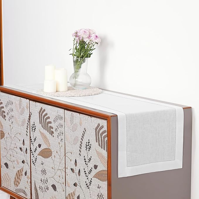 D'Moksha Homes Linen White Table Runner 90 Inches Long - Classic Hemstitch 100% Pure Linen White Dining Table Runner 14 x 90 Inch for Valentines, Spring, Easter