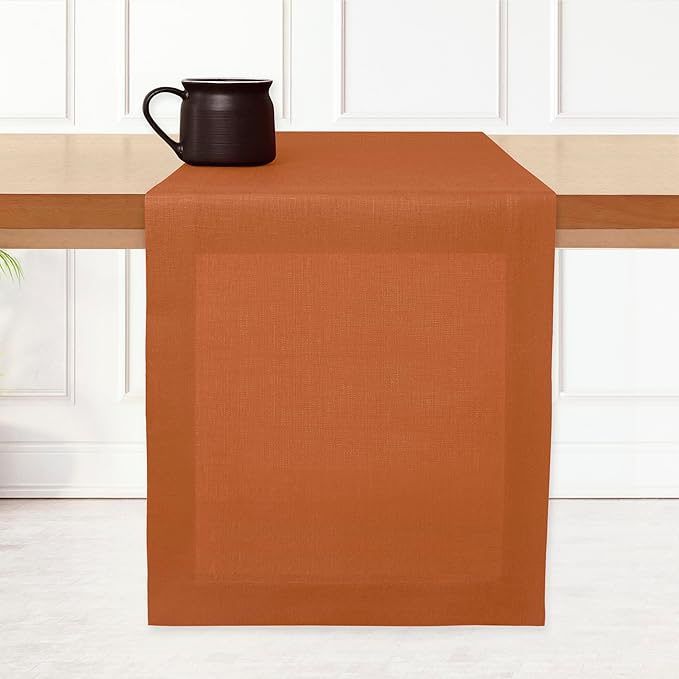 D'Moksha Homes Linen Rust Table Runner 90 Inches Long - 100% Pure Linen 14 x 90 Inch Table Runner for Dining, Spring, Easter - Machine Washable