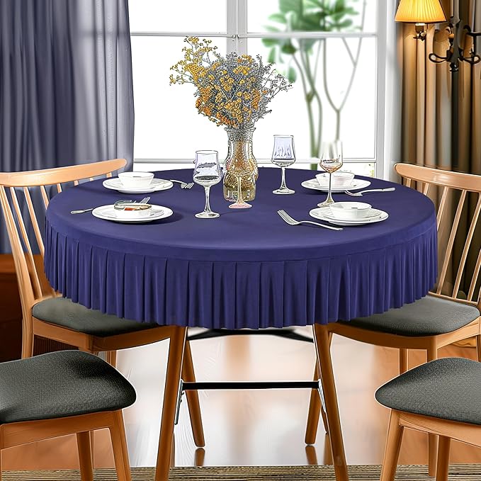 4 Pack Navy Blue Spandex Round Tablecloths for 60 Inch Tables, Stretchy Fitted 5FT Cloths, Wrinkle-Free Cover With Skirt for Wedding Party Dining Banquet