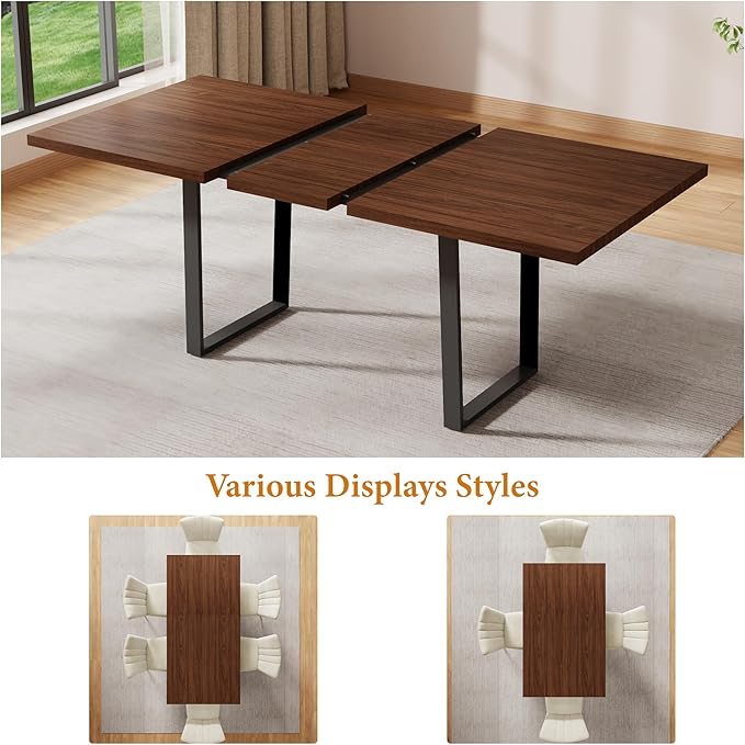 ZckyCine 63''-79'' Extendable Dining Table for 6-8 People, Walnut Finish Modern Rectangular Kitchen Table with Metal Legs, Expandable Dinner Table for Dining Room or Kitchen