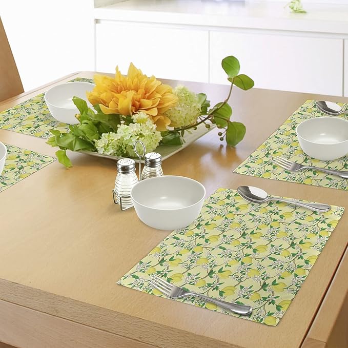 Ambesonne Lemons Place Mats Set of 4, Blooming Lemon Flowers on Tree Branches with Buds and Ripe Fruits, Washable Fabric Placemats for Dining Table, Standard Size, Yellow Fern