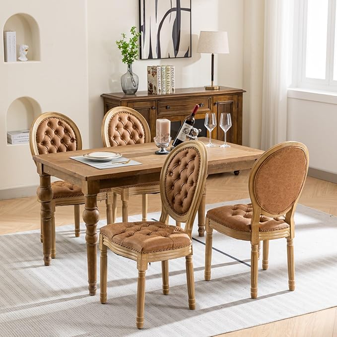 Ball & Cast French Vintage Upholstered Dining Chairs Set of 2, Button Tufted Kitchen Side-Chairs with Carved Antique Wood Frame & Nailhead Trims, PU-Leather Curved Backrest Louis Chair, PU Orange