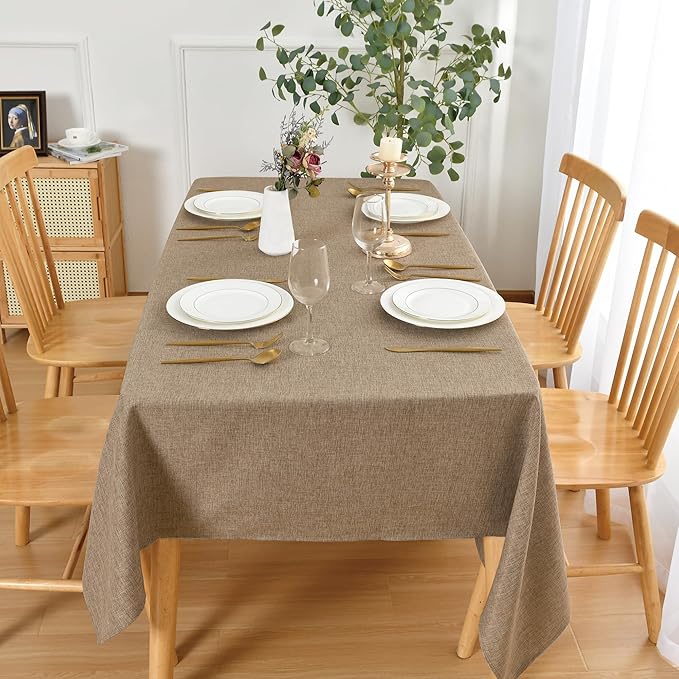 JIUZHEN Faux Linen Farmhouse Tablecloth Rectangular, Wrinkle Stain Resistant Table Cloth Rectangle Table Cover for Kitchen Dining, Holiday Party Dinner, Khaki, 54 x 108 Inch