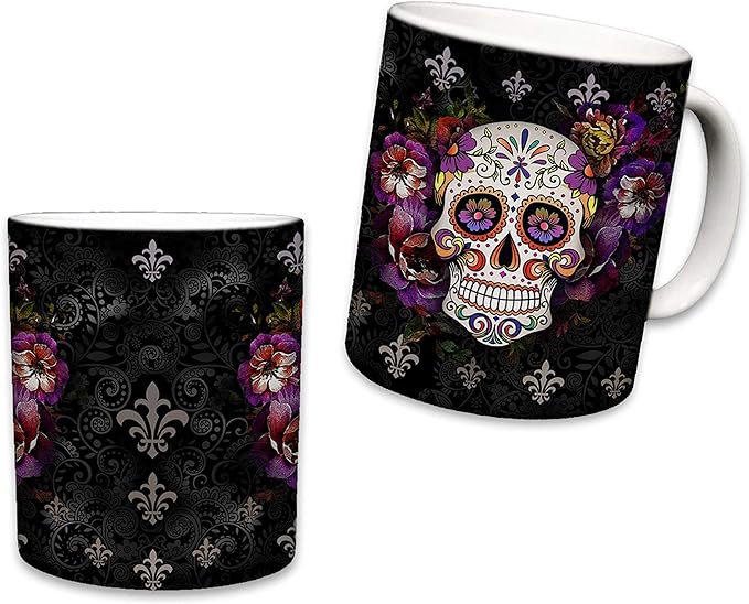 Sweet Gisele Sugar Skull Ceramic Mug, Floral Print Coffee Cup, Day of the Dead Design, Beautiful Vivid Colors, Great Novelty Gifts 11 Fl. Oz Black