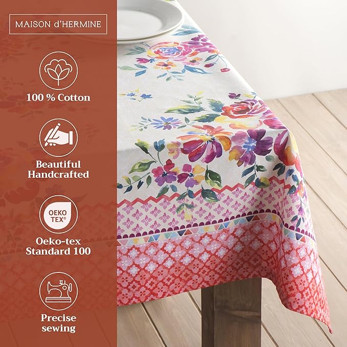 Maison d' Hermine Table Cloth Rectangle Table 100% Cotton 60 x 90 Inches Tablecloth Reusable Decorative for Dining Room Farmhouse Home Valentines Day Decorations Spring Summer - Rose Garden