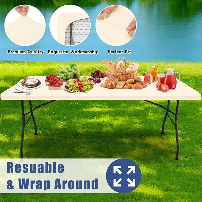 Spandex 8 Foot Rectangle Table Cloth 2 Pack, Elastic Fitted Tablecloths for Picnic, Stretch Washable Patio Table Cover for Outdoor, Camping, Banquet and Parties (Champagne, 30"x96")