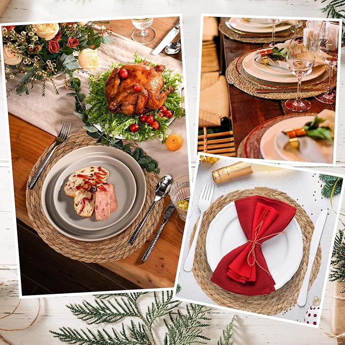 GENMOUS Woven Placemats Set of 6, 13" Round Placemats Natural Water Hyacinth Boho Placemats, Farmhouse Rattan Chargers for Dinner Plates,Rustic Braided Wicker Table Mats for Dining Table,Home,Wedding