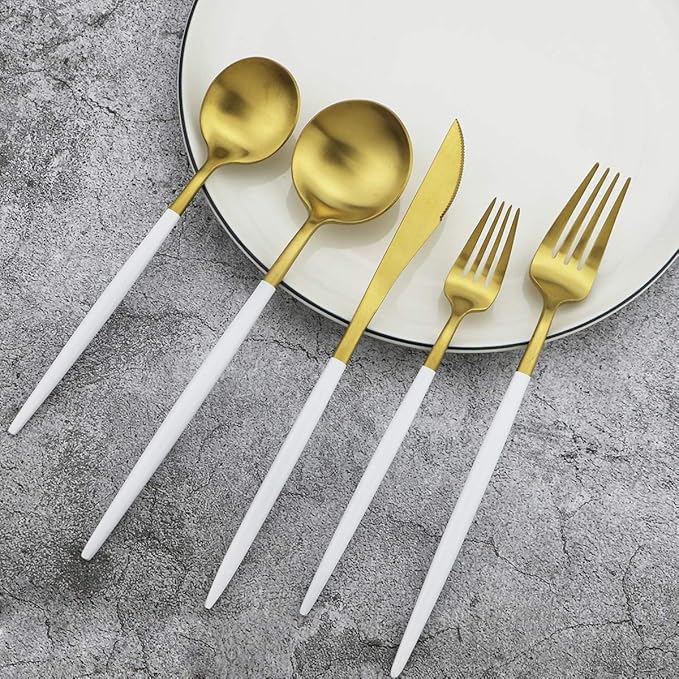 Gugrida 20-Piece 18/10 Stainless Steel Flatware Silverware, Luxury Dinnerware Set Travel Cutlery Tableware Include Knife Fork Spoon Service for 4, Dishwasher Safe (White Handle Matte Gold)