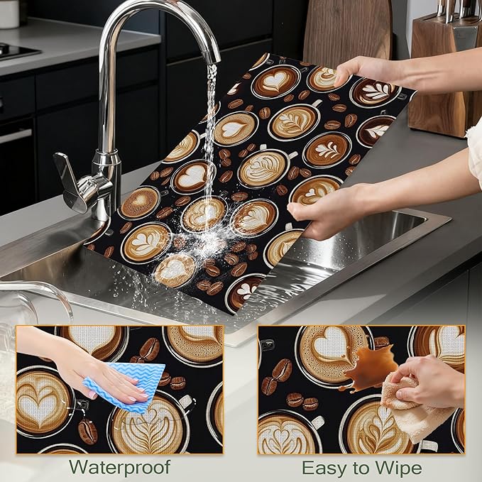 Cloth Placemats,Coffee Theme Fabric Placemats Set of 6,Washable Coffee Beans Table Mats,Decorative Place Mats for Dining Home Kitchen Holiday Party 11.8x17.7 Inch