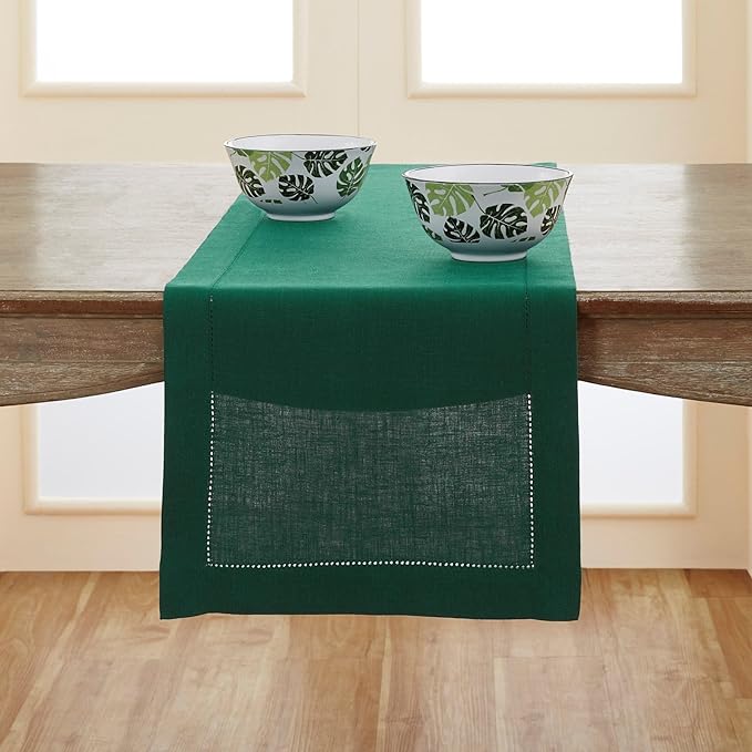 Solino Home Linen Rainforest Green Table Runner 72 Inches Long - 100% Pure Linen Hemstitch Table Runner 14 x 72 Inch for Dresser, Dining, St Patricks Day - Classic Hemstitch