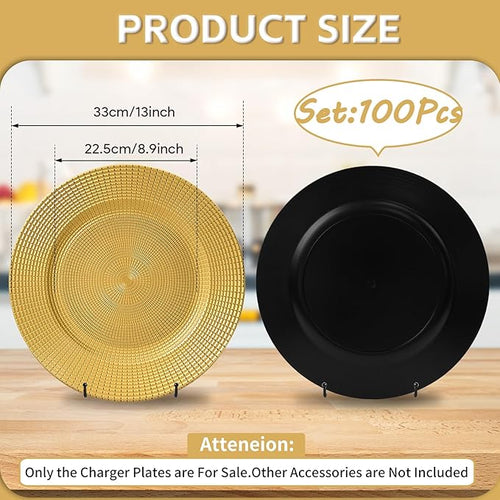 100 Pcs Gold Charger Plates Bulk, 13" Reusable Reef Serving Gold Chargers for Dinner Plates , Round Plastic Shiny Decorative Charger Plate for Wedding, Catering, Parties, Restaurant, Home Dinner Use