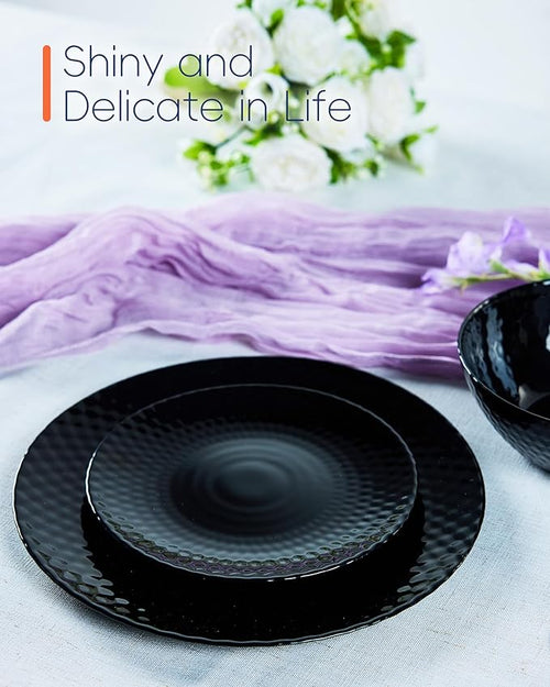 10.5 inch Dinner Plate Set of 6, Round Opal Glass Black Geometric Faceted Dinnerware Plates, Dishwasher and Microwave Safe