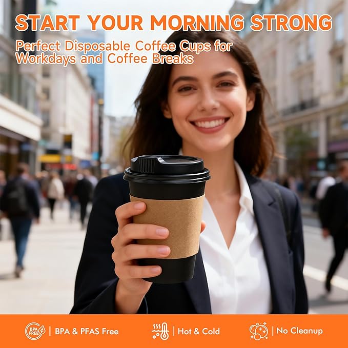 50 Pack 16 oz Disposable Coffee Cups with Lids and Sleeves, Sturdy Paper Cups for Hot/Cold Drinks, Leak-Proof To Go Coffee Cups with Lids for Home, Café, Events, Office, Black