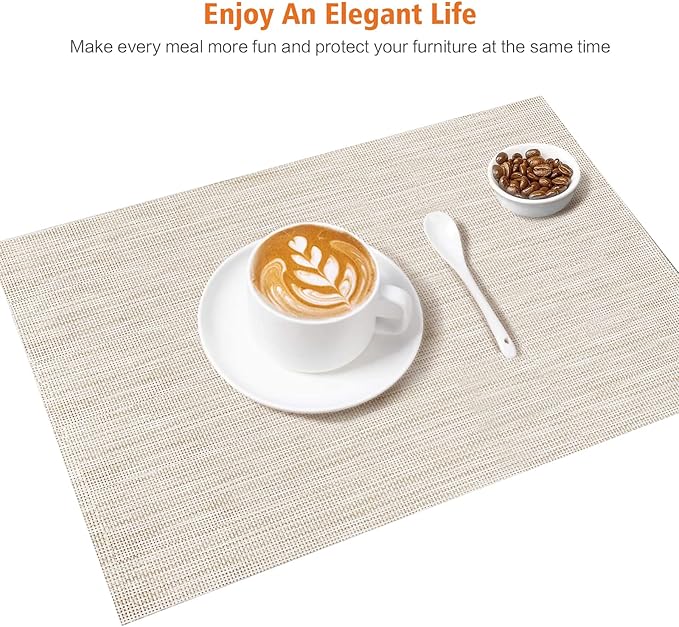 Placemats Set of 4,Washable,Heat and Stain Resistant Indoor/Outdoor Place mats,Vinyl Woven Non Slip Table Mats for Restaurant Table Protection,PVC Placemats(Beige White,4PCS)
