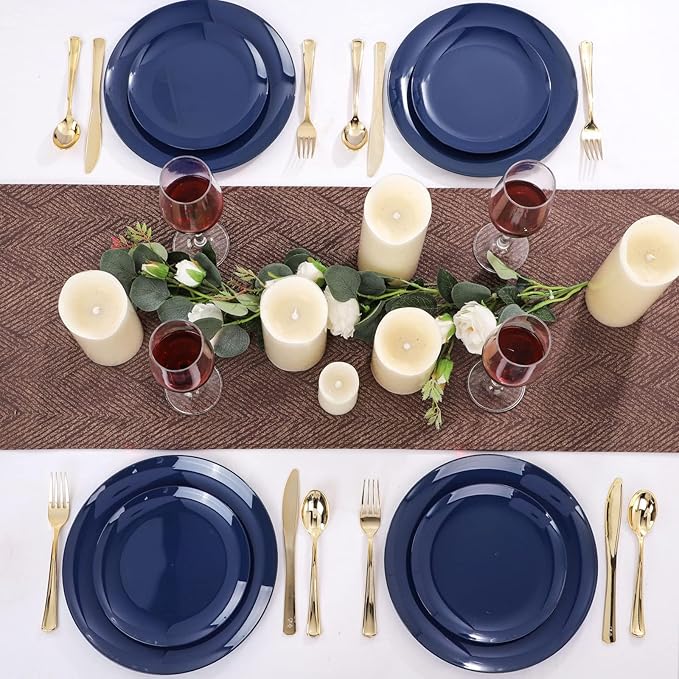 PULOTE 100PCS Blue Plastic Plates - Heavy Duty Navy Blue Disposable - Include 50PCS 10.25inch Dinner & 50PCS 7.5 inch Dessert/Salad Plates - Ideal for Party & Labor Day
