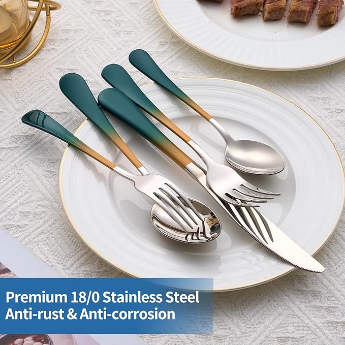 20-Piece Green and Orange Silverware Set, 18/0 Stainless Steel Colorful Handle Flatware Set,Service for 4,Modern Cutlery Set Includes Dinner Knives Forks Spoons,Mirror Polished,Dishwasher Safe