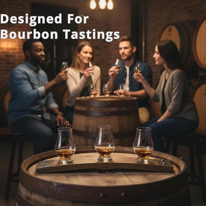 Barrel Stave Premium 3 Glass Whiskey, Bourbon, Scotch Flight Serving Tray, (No Glasses,Dark Walnut)