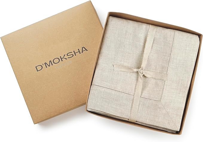 D'Moksha Homes Light Natural Linen Tablecloth 52 x 52 Inch - 100% Pure Linen Square Table Throw - Classic Hemstitch, Machine Washable Table Cloth for Valentines, Spring, Easter