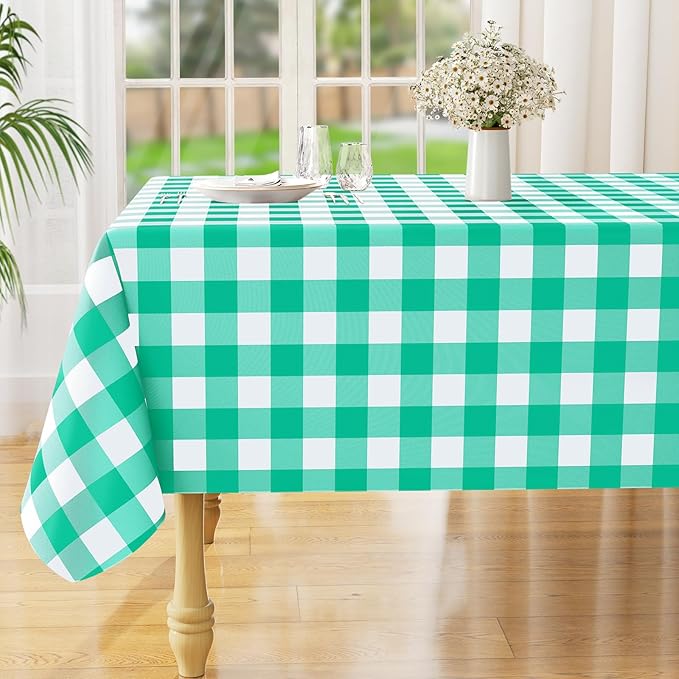 misaya Rectangle Waterproof Vinyl Table Cloth, Buffalo Flannel Backed Tablecloth, Wipeable Plastic Table Cover for Dinner, Kitchen, Outdoor (60" x 102", Green and White)