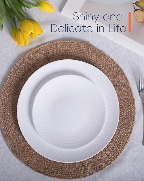 10.5 inch Dinner Plate Set of 6, Round Opal Glass Geometric Faceted White Dinnerware Plates, Dishwasher and Microwave Safe