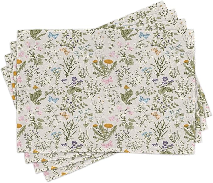 Ambesonne Floral Place Mats Set of 4, Vintage Garden Plants Herbs Flowers Botanical Classic Design Art, Washable Fabric Placemats for Dining Table, Standard Size, Reseda Green Beige