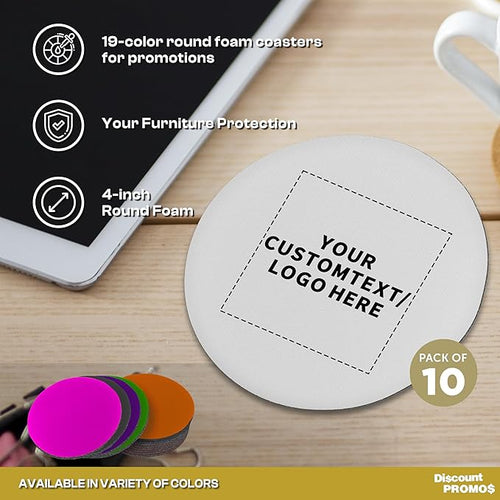 10 Round Foam Bud Coasters Pack, 4 inch - Customizable Text, Logo - PU Foam, Party Favor - White