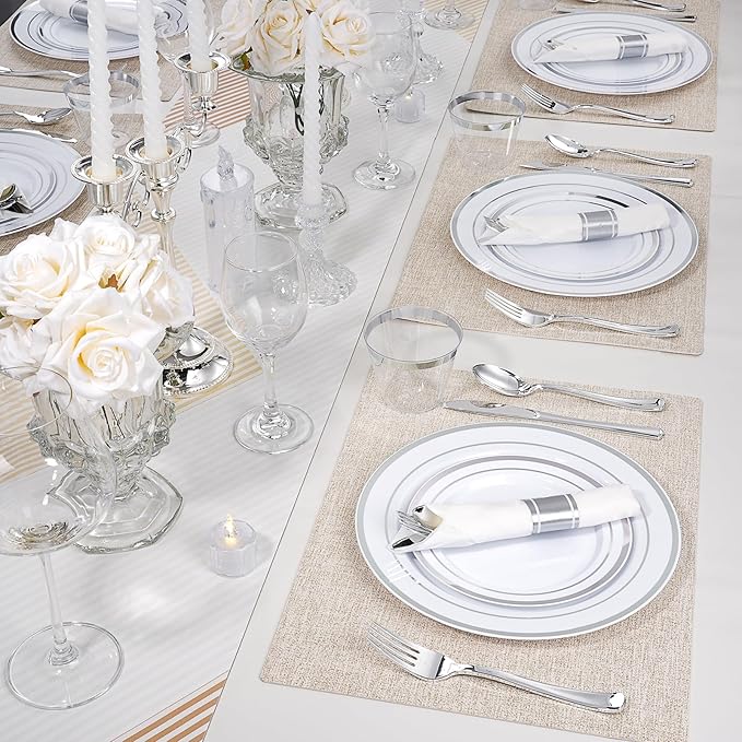 350 PCS White and Silver Plastic Dinnerware Set for 50 Guests, 100 Disposable Plates for Party, 50 Pre Rolled Napkins with Silver Silverware, 50 Cups
