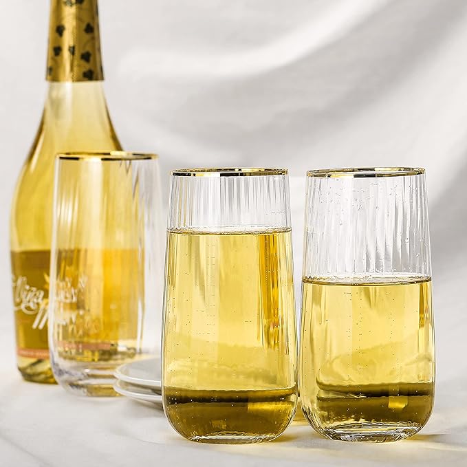 Lysenn Stemless Wine Glasses Set of 4 - Premium Hand Blown Drinking Glasses for Bubbly Wine & Champagne - Elegant Vertical Stripe and Gold Rim Champagne Flutes – Clear 17oz