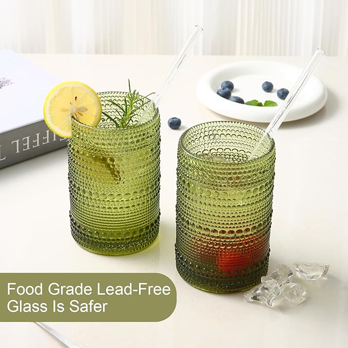 Vintage Glassware Drinking Glasses Set of 6,15 oz Hobnail Glass Cups,Embossed Green Water Tumbler,for Beer,Cocktail,Whiskey,Juice and Various Mixed Drinks- 1 Cleaning Brush