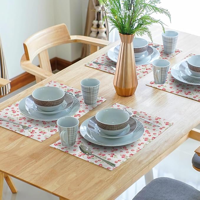 Pink Place Mats - Rose Placemats Set of 4 Floral Flower Table Mats 12x18 for Party Kitchen Dining