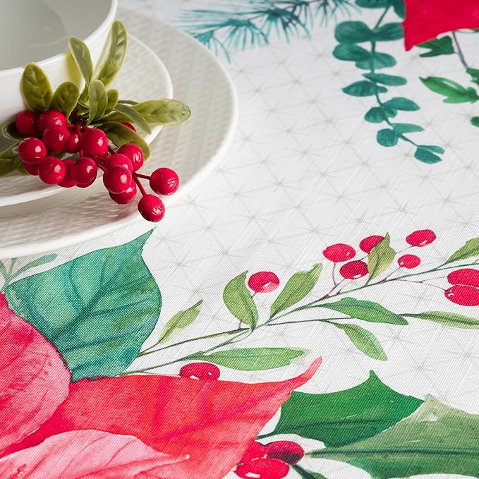 Maison d' Hermine Table Cloth Rectangle Table 100% Cotton 54 x 72 Inches Fall Tablecloth Reusable Everyday Use for Thanksgiving Christmas Decorations Dining Farmhouse Party (Poinsettia Christmas)