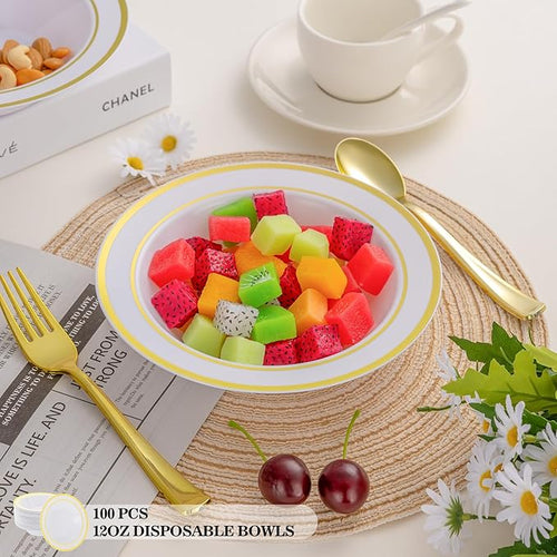 100pc Disposable Soup Bowls with Gold Rim,12oz Disposable Soup Bowls,Disposable Soup Dessert Salad Bowls for Wedding/Party/Catered Events
