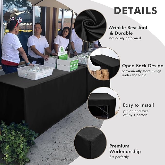 Nasitos 2 Pack Black Tablecloth for 8FT Trade Show Table Covers-Open Back Folding Tablecloths Washable Fabric and Wrinkle Resistant Table Covers for Craft Show, Display Table, Parties, Birthday