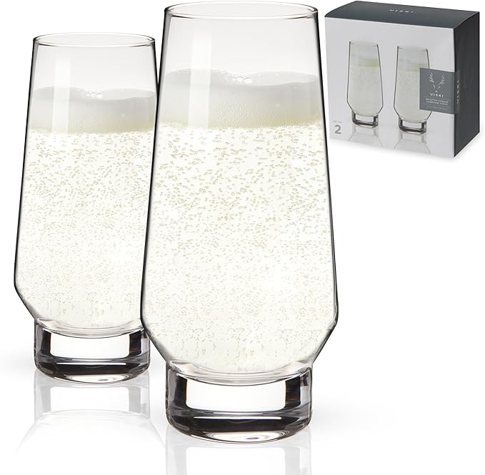 Viski Weighted Stemless Champagne Flutes - Modern Crystal Wine Martini Mimosa Cocktail Glasses Round Footed Base, Bar Fluted Glassware, Housewarming Wedding Champagne Gift - Set of 2, 9.5oz, Clear
