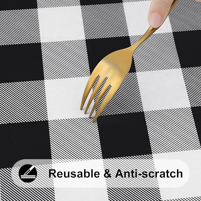 Smiry Rectangle Picnic Table Cloth, Elastic Waterproof Fitted Vinyl Tablecloths, Flannel Backed Buffalo Plaid Table Covers for Dining, Camping, Outdoor (Black and White, 36" x 60")