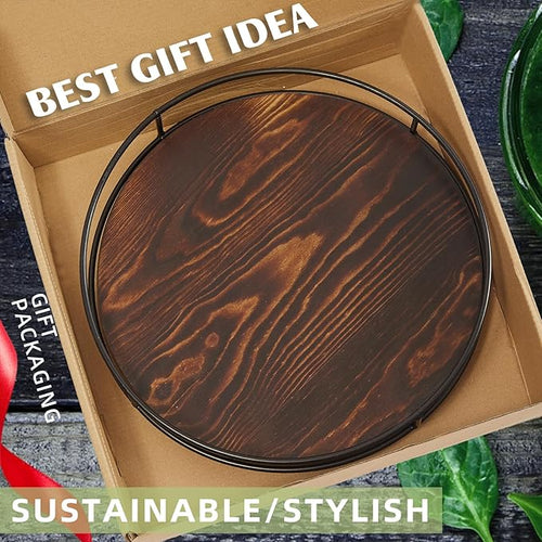 12 Inch Wood Lazy Susan Turntable for Table, Kitchen Rustic Brown Turntable Organizer with Steel Frame, 360 Degree Decorative Turntable for Countertop Cabinet or Centerpieces