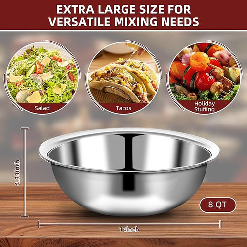 10 Pcs Stainless Steel Mixing Bowls Metal Mixing Bowls Extra Large Basin Salad Bowl with Deeper Edge, Dishwasher Safe, Mirror Finish for Home and Commercial, Silver (14 Inch 8 Qt)