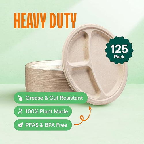 100% Compostable, 3 Compartment, Disposable Paper Plates [125-Pack] - {PFAS Free} - {BPA Certified} - [10 Inch] Heavy Duty Biodegradable Bagasse Sectional Lunch Trays + Dividers - Divided Platte Tray