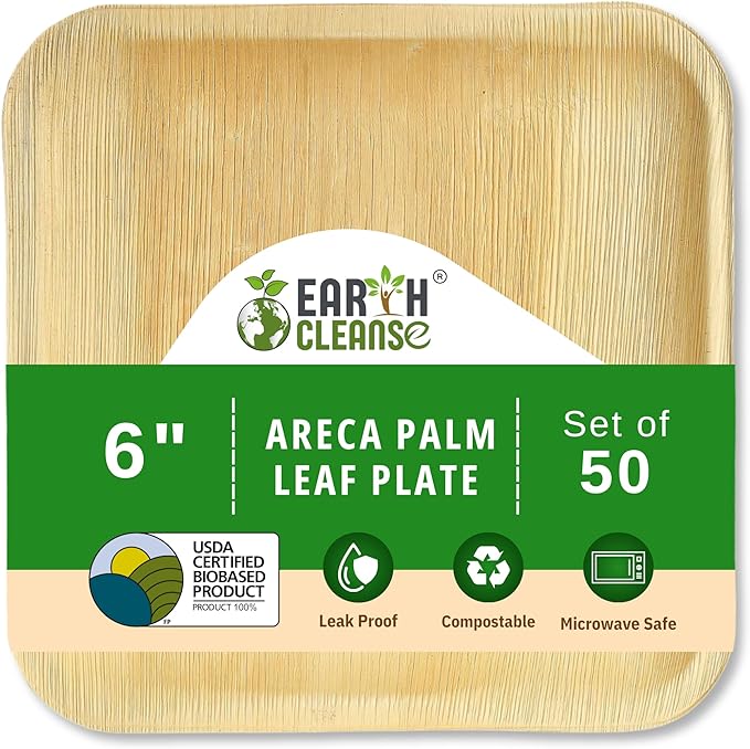 Compostable Palm Leaf Plates 6 Inch Square (50 Pack) | Disposable Biodegradable Plates Like Bamboo & Wooden | Microwave & Oven Safe | Eco-Friendly