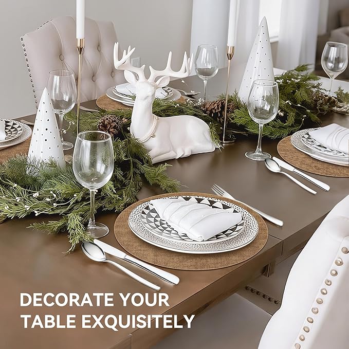 13" Round Placemats Set of 4, Reversible Faux Leather Heat Resistant Table Mats, Waterproof Oilproof Wipeable Table Protective Placemats for Vinyl, Washable for Indoor & Outdoor Use (4, Light Brown)