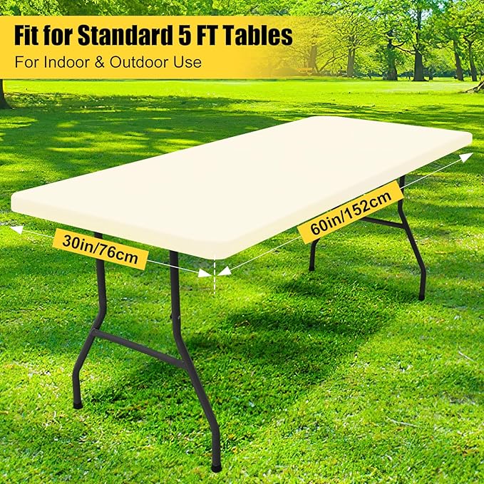 Smiry Rectangle Picnic Table Cloth, Waterproof Elastic Fitted Tablecloths for 5 Foot Tables, Washable Polyester Table Cover for Camping, Indoor and Outdoor (Beige, 30"x60")